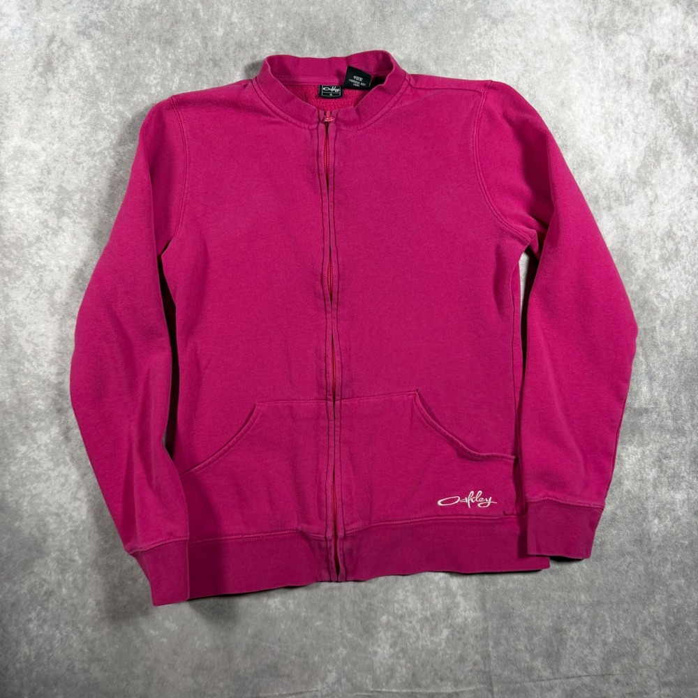 Vintage Oakley Womens Pink Full Zip Mock Neck Sweatshirt Graphic Small Y2K Surf